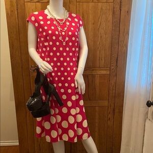 London Times Pink & White Polka Dot Midi Dress w/Cap Sleeves & Crew Neck, 16 NWT